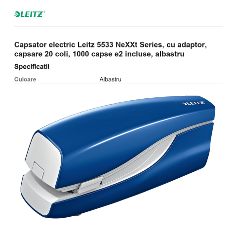 Capsator electric Leitz 5533 NeXXt Series, cu adaptor, capsare 20 coli, 1000 capse e2 incluse, albastru [2]