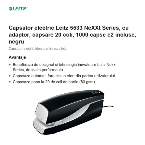 Capsator electric Leitz 5533 NeXXt Series, cu adaptor, capsare 20 coli, 1000 capse e2 incluse, negru [1]