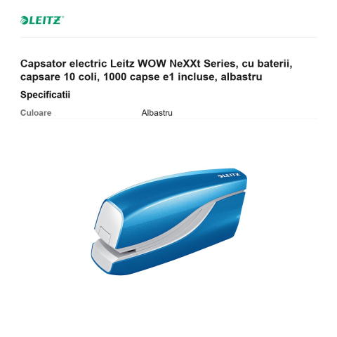 Capsator electric Leitz WOW NeXXt Series, cu baterii, capsare 10 coli, 1000 capse e1 incluse, albastru [2]