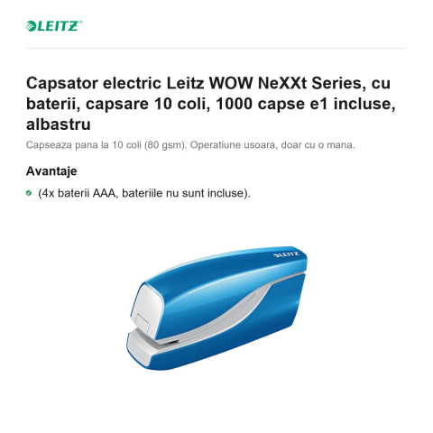 Capsator electric Leitz WOW NeXXt Series, cu baterii, capsare 10 coli, 1000 capse e1 incluse, albastru [1]