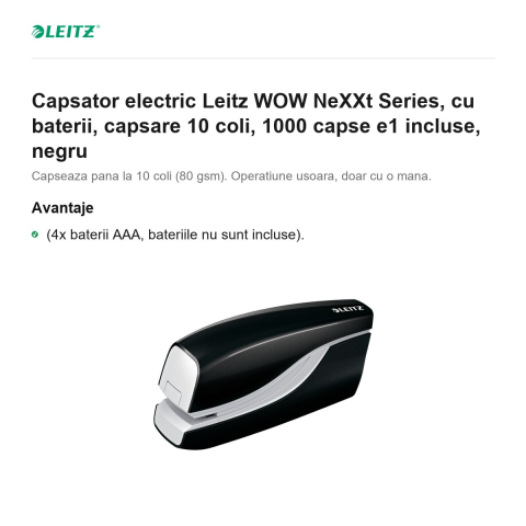 Capsator electric Leitz WOW NeXXt Series, cu baterii, capsare 10 coli, 1000 capse e1 incluse, negru [1]