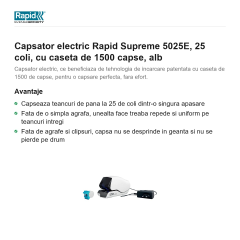 Capsator electric Rapid Supreme 5025E, 25 coli, cu caseta de 1500 capse, alb [1]