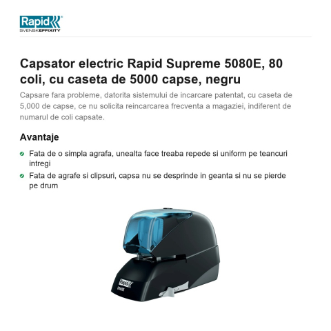 Capsator electric Rapid Supreme 5080E, 80 coli, cu caseta de 5000 capse, negru [1]