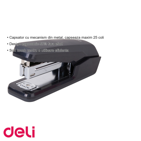 Capsator half strip Deli, mecanism metalic, 25 coli, capse 24/6, design ergonomic effortless [2]