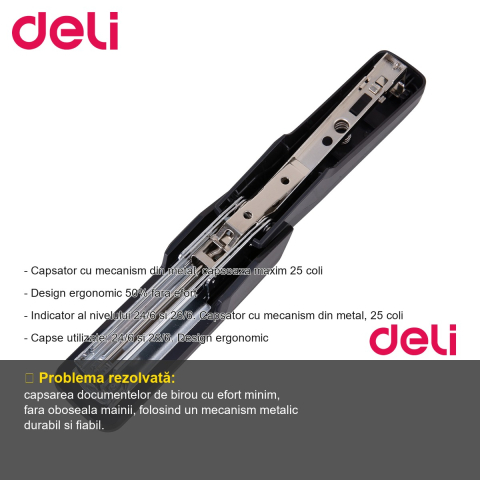 Capsator half strip Deli, mecanism metalic, 25 coli, capse 24/6, design ergonomic effortless [1]