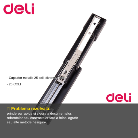 Capsator metalic Deli half strip, 25 coli, capse 24/6, pentru birou si uz general [1]