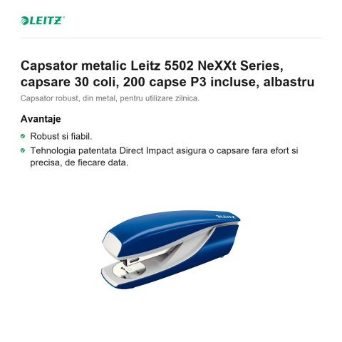 Capsator metalic Leitz 5502 NeXXt Series, capsare 30 coli, 200 capse P3 incluse, albastru [1]