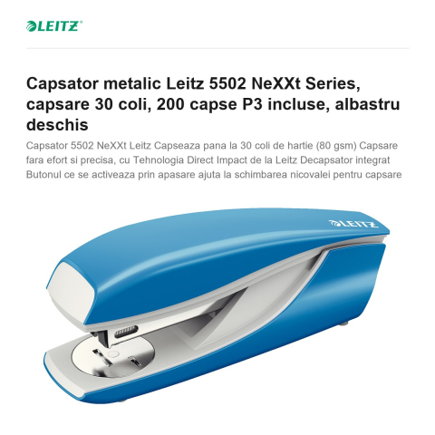 Capsator metalic Leitz 5502 NeXXt Series, capsare 30 coli, 200 capse P3 incluse, albastru deschis [1]