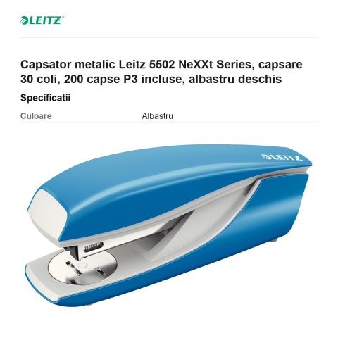Capsator metalic Leitz 5502 NeXXt Series, capsare 30 coli, 200 capse P3 incluse, albastru deschis [2]