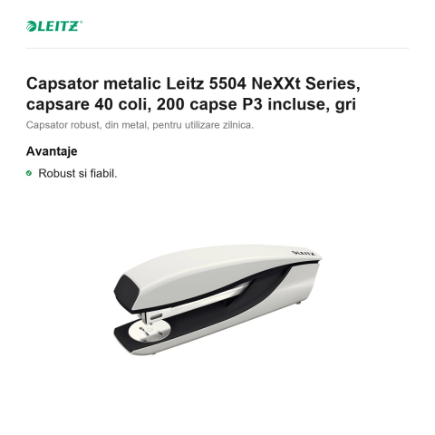 Capsator metalic Leitz 5504 NeXXt Series, capsare 40 coli, 200 capse P3 incluse, gri [1]