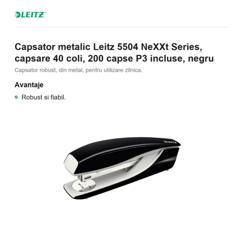 Capsator metalic Leitz 5504 NeXXt Series, capsare 40 coli, 200 capse P3 incluse, negru [1]