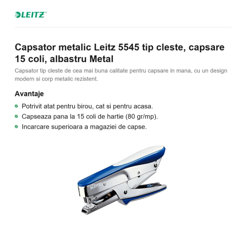 Capsator metalic Leitz 5545 tip cleste, capsare 15 coli, albastru Metal [1]