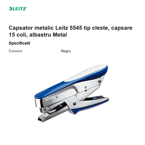 Capsator metalic Leitz 5545 tip cleste, capsare 15 coli, albastru Metal [2]