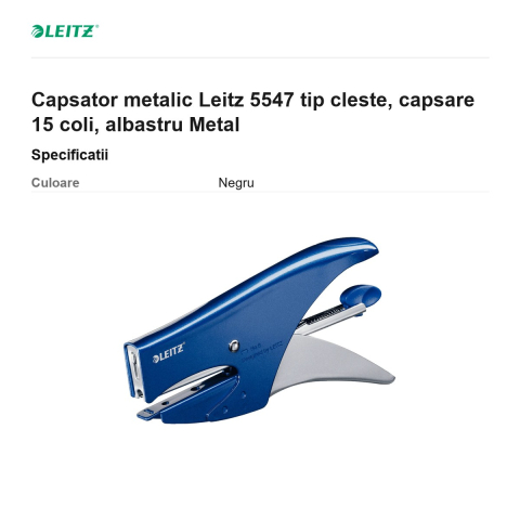 Capsator metalic Leitz 5547 tip cleste, capsare 15 coli, albastru Metal [2]