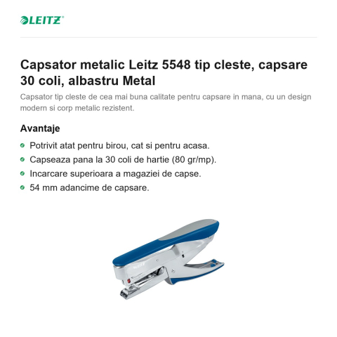 Capsator metalic Leitz 5548 tip cleste, capsare 30 coli, albastru Metal [1]