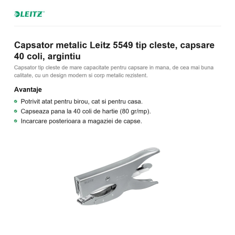 Capsator metalic Leitz 5549 tip cleste, capsare 40 coli, argintiu [1]