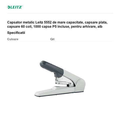 Capsator metalic Leitz 5552 de mare capacitate, capsare plata, capsare 60 coli, 1000 capse P5 incluse, pentru arhivare, alb [2]