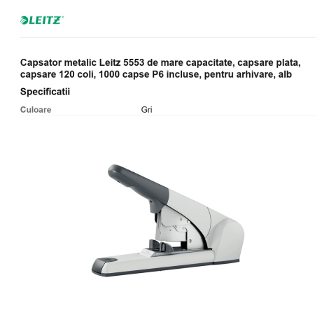 Capsator metalic Leitz 5553 de mare capacitate, capsare plata, capsare 120 coli, 1000 capse P6 incluse, pentru arhivare, alb [2]