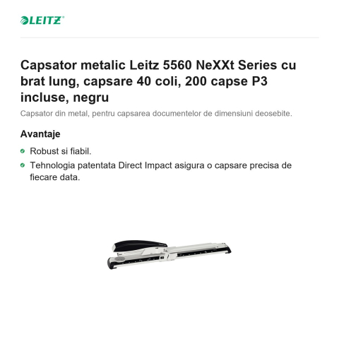 Capsator metalic Leitz 5560 NeXXt Series cu brat lung, capsare 40 coli, 200 capse P3 incluse, negru [1]