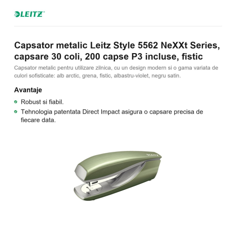 Capsator metalic Leitz Style 5562 NeXXt Series, capsare 30 coli, 200 capse P3 incluse, fistic [1]