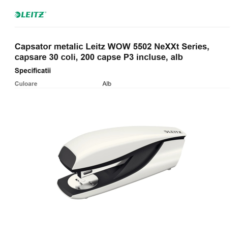 Capsator metalic Leitz WOW 5502 NeXXt Series, capsare 30 coli, 200 capse P3 incluse, alb [2]