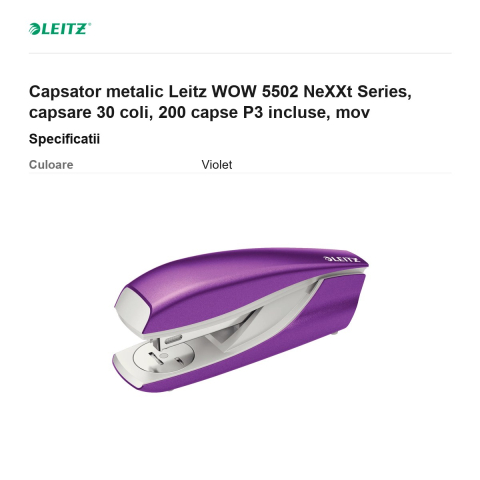 Capsator metalic Leitz WOW 5502 NeXXt Series, capsare 30 coli, 200 capse P3 incluse, mov [2]