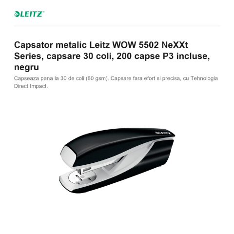 Capsator metalic Leitz WOW 5502 NeXXt Series, capsare 30 coli, 200 capse P3 incluse, negru [1]