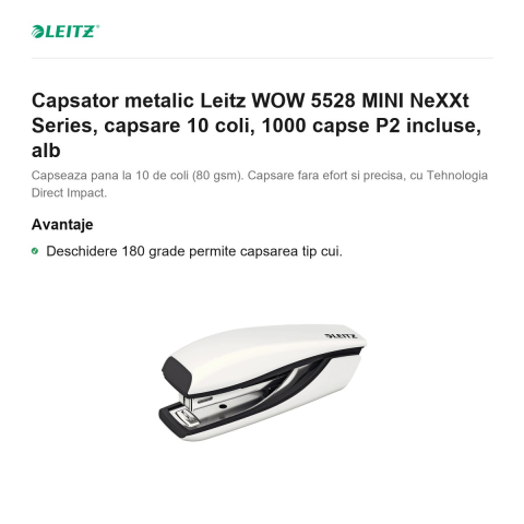 Capsator metalic Leitz WOW 5528 MINI NeXXt Series, capsare 10 coli, 1000 capse P2 incluse, alb [1]