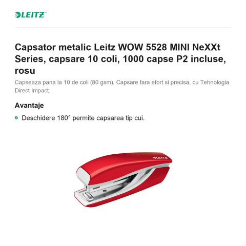 Capsator metalic Leitz WOW 5528 MINI NeXXt Series, capsare 10 coli, 1000 capse P2 incluse, rosu [1]