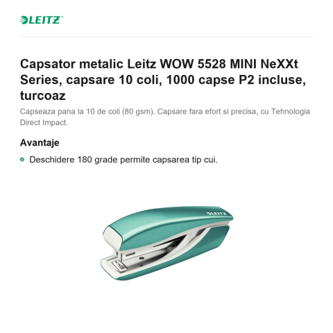 Capsator metalic Leitz WOW 5528 MINI NeXXt Series, capsare 10 coli, 1000 capse P2 incluse, turcoaz [1]
