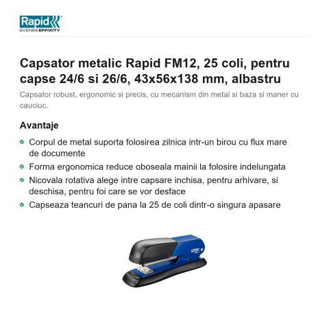 Capsator metalic Rapid FM12, 25 coli, pentru capse 24/6 si 26/6, 43x56x138 mm, albastru [1]