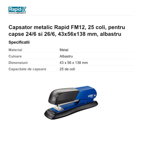 Capsator metalic Rapid FM12, 25 coli, pentru capse 24/6 si 26/6, 43x56x138 mm, albastru [2]