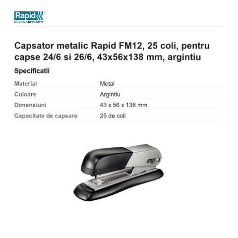 Capsator metalic Rapid FM12, 25 coli, pentru capse 24/6 si 26/6, 43x56x138 mm, argintiu [2]