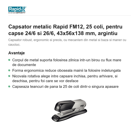 Capsator metalic Rapid FM12, 25 coli, pentru capse 24/6 si 26/6, 43x56x138 mm, argintiu [1]
