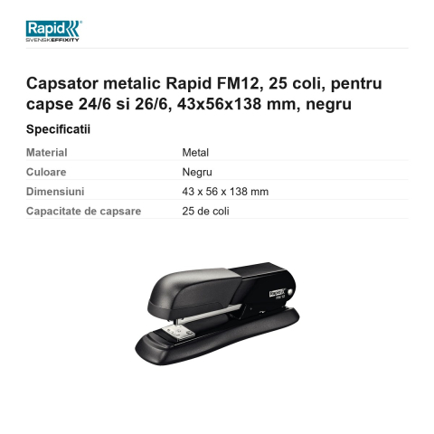 Capsator metalic Rapid FM12, 25 coli, pentru capse 24/6 si 26/6, 43x56x138 mm, negru [2]