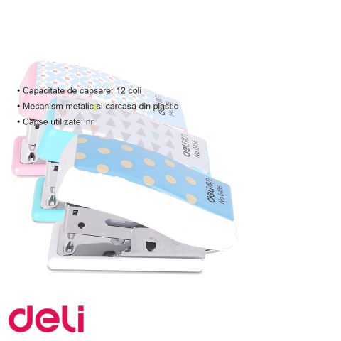 Capsator mini Deli 0456 cu capse incluse, mecanism metalic, capacitate 12 coli, pentru birou si acasa [2]