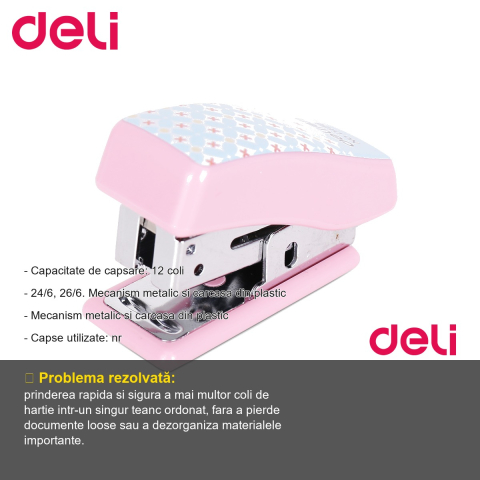 Capsator mini Deli 0456 cu capse incluse, mecanism metalic, capacitate 12 coli, pentru birou si acasa [1]