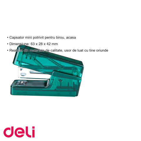 Capsator mini Deli NuSign, 12 coli, capse 24/6, verde transparent, pentru birou si acasa [2]