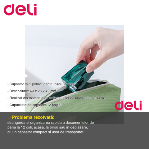 Capsator mini Deli NuSign, 12 coli, capse 24/6, verde transparent, pentru birou si acasa [1]