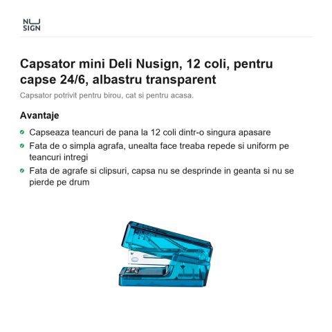 Capsator mini Deli Nusign, 12 coli, pentru capse 24/6, albastru transparent [1]
