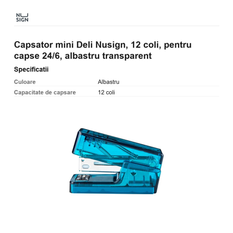 Capsator mini Deli Nusign, 12 coli, pentru capse 24/6, albastru transparent [2]