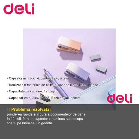 Capsator mini Deli Nusign, capacitate 12 coli, capse 24/6, pentru birou si acasa [1]