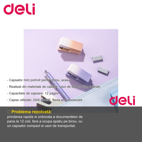 Capsator mini Deli NuSign, roz, capacitate 12 coli, capse 24/6 si 26/6, pentru birou si acasa [1]