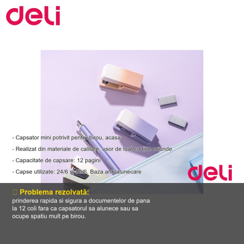 Capsator mini Deli NuSign, violet, capacitate 12 coli, capse 24/6 si 26/6, pentru birou si acasa [1]