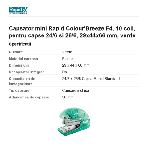 Capsator mini Rapid Colour'Breeze F4, 10 coli, pentru capse 24/6 si 26/6, 29x44x66 mm, verde [2]