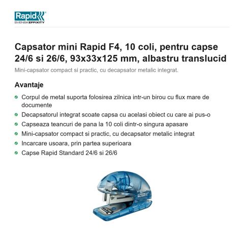Capsator mini Rapid F4, 10 coli, pentru capse 24/6 si 26/6, 93x33x125 mm, albastru translucid [1]