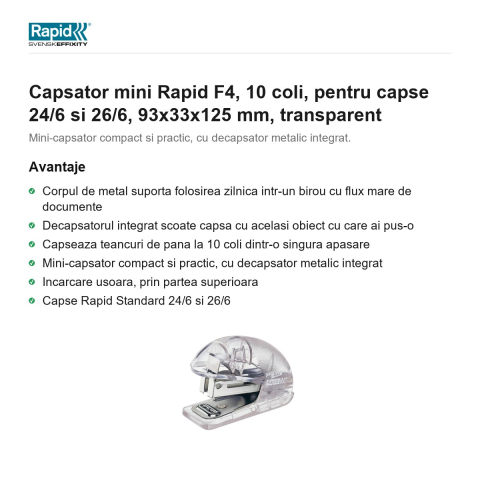 Capsator mini Rapid F4, 10 coli, pentru capse 24/6 si 26/6, 93x33x125 mm, transparent [1]