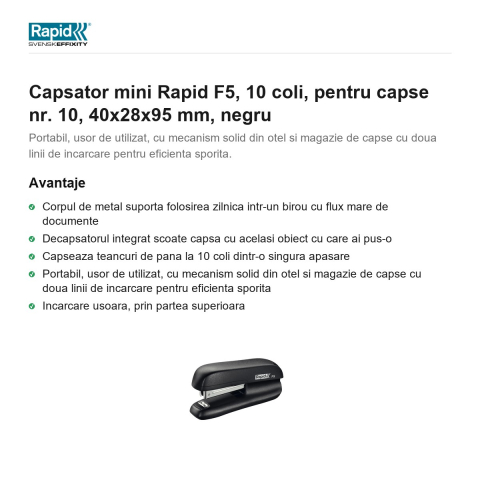 Capsator mini Rapid F5, 10 coli, pentru capse nr. 10, 40x28x95 mm, negru [1]