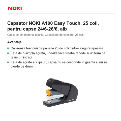 Capsator NOKI A100 Easy Touch, 25 coli, pentru capse 24/6-26/6, alb [1]