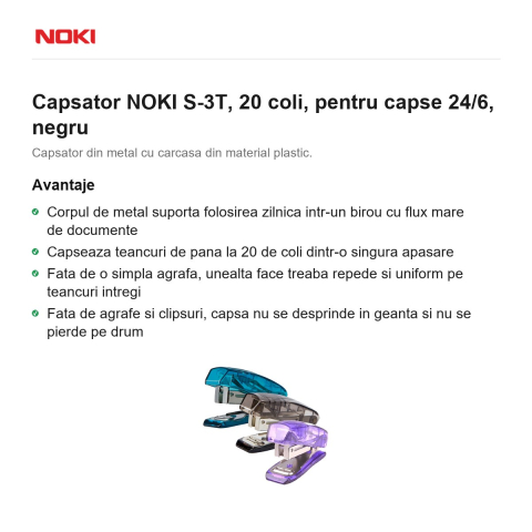 Capsator NOKI S-3T, 20 coli, pentru capse 24/6, negru [1]